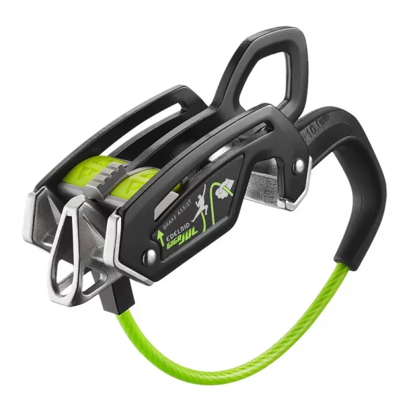 Asegurador Edelrid Giga Jul: diseño ergonómico y seguro, ideal para escalada deportiva y en roca. Con freno asistido para mayor control y seguridad.