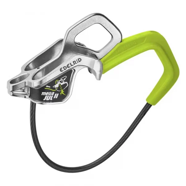 Asegurador Edelrid Mega Jul II: innovador y versátil, ideal para escalada deportiva y alpina. Ofrece freno asistido y control superior.