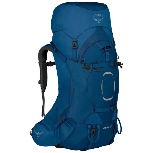 Mochila Osprey Aether 55L: ligera, resistente y diseñada para excursiones de varios días. Con un sistema de ajuste personalizado, ventilación AirScape y amplia capacidad de almacenamiento, es perfecta para llevar todo tu equipo de manera cómoda y organizada en largas rutas de senderismo y montaña.
