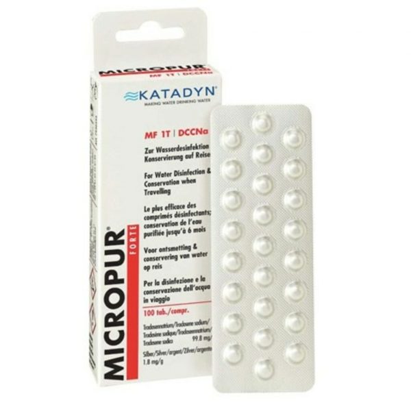 Pastillas potabilizadoras Katadyn Micropur Forte: desinfectan el agua de forma rápida y eficaz, eliminando bacterias, virus y protozoos. Ideales para viajes, senderismo y emergencias, garantizan agua segura en cualquier situación, con una protección duradera hasta 6 meses.
